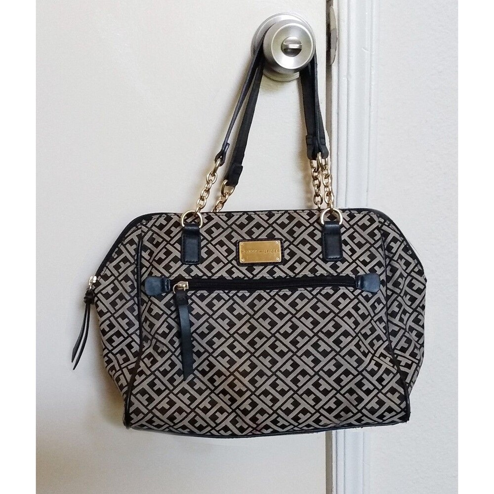 TOMMY HILFIGER Handbag Beige Black Trim Gold Accents TH Logo Design Pre-Owned